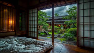 雨天庭院木屋房间 