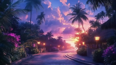 热带度假小镇傍晚街道