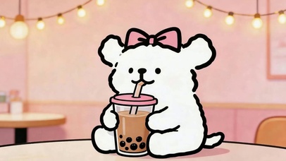 可爱萌宠喝奶茶