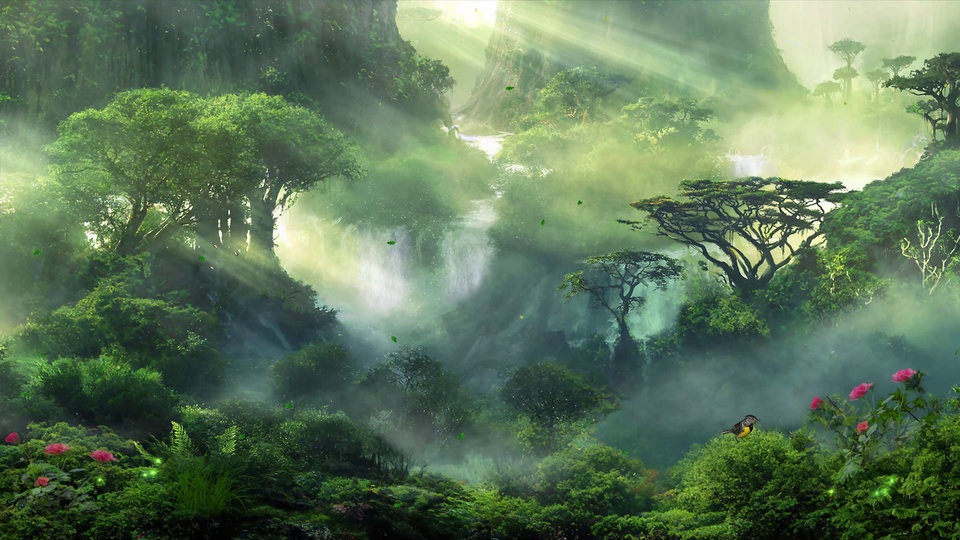 丁达尔光束穿透晨雾笼罩的多层瀑布山谷，满布繁茂绿植与粉红花簇。