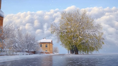 雪景树木房屋河流