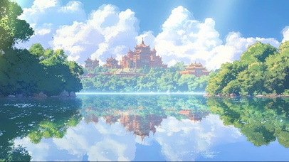 清新淡蓝晴天湖畔古城