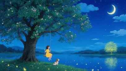 夜晚树下荡秋千