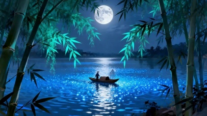 月光下蓝色湖水