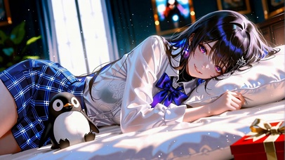 慵懒卧床二次元紫眸美少女