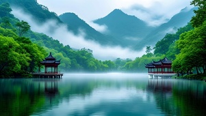 绿色山水亭子