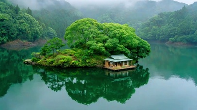 山水湖泊小屋美丽风景