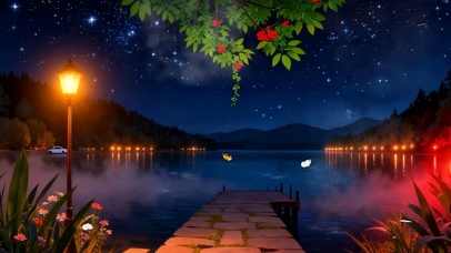 夜景树木河流景色双屏