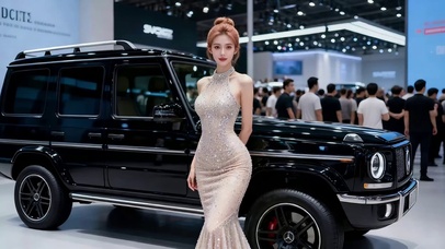 车展大厅黑色吉普前的美女车模