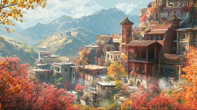 远眺秋日山林古镇风景