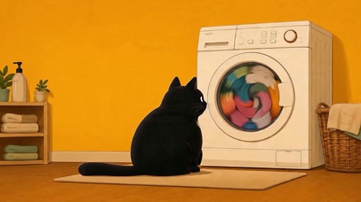 洗衣房里的胖黑猫