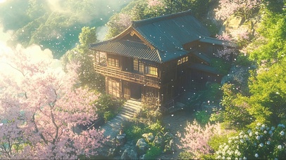 梦幻朦胧山林春日古城