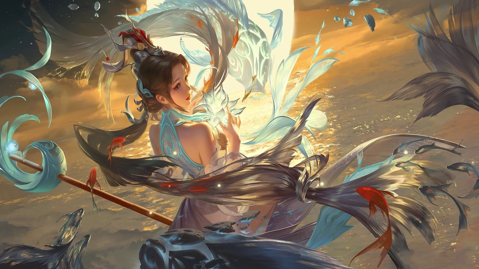 国风插画里，盘发戴红银发饰的古风女子立于黄昏水畔，暖橙金晚霞映着青蓝色水面，岸边分布着深褐色岩石。