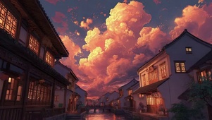 唯美晚霞云朵古城街道