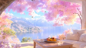 欣赏樱花树木海景