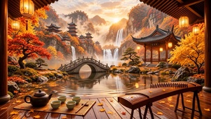 秋天山水瀑布塔楼