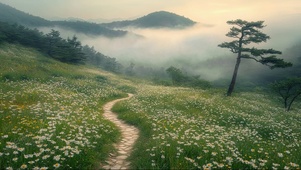 云雾高山鲜花小径