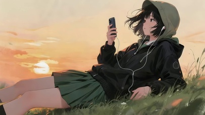 黄昏山坡上女孩