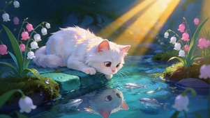 河流边抓鱼的猫咪