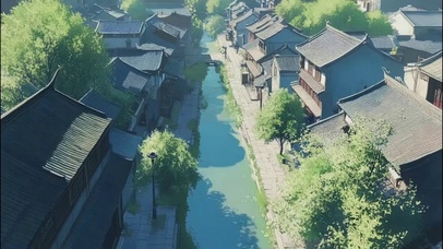 远眺水乡河岸古镇建筑