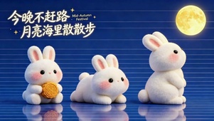 中秋月夜可爱毛绒兔子