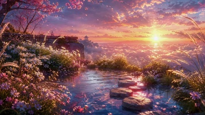 梦幻日落樱花云海美景