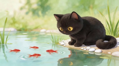 抓鱼的小黑猫