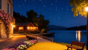 夜晚海边花店双屏