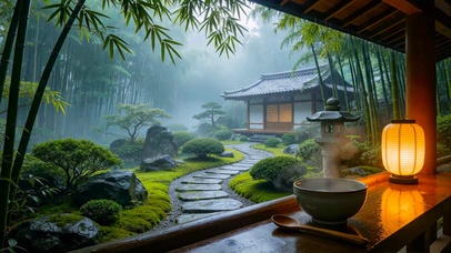 竹林园林小屋雨景