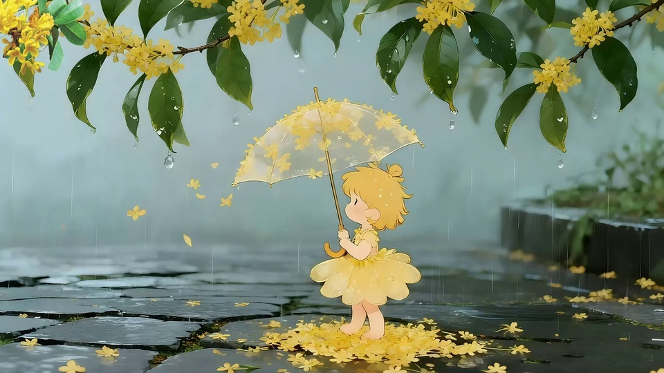 撑透明花伞的Q版黄发孩童站在落满黄色花瓣的雨后石板路上，上方枝叶挂着水珠。