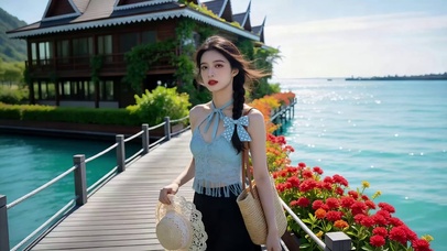 海边度假地站在鲜花木栈道的美女