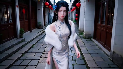 古典小巷里穿毛坎肩旗袍美女