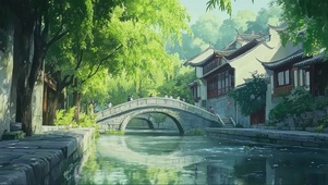 绿色夏日唯美湖畔建筑