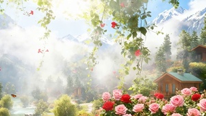 护眼花园树木房屋阳光景色双屏