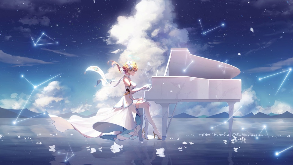 蓝紫色渐变星空下，身着白裙的荧坐在海边平台的白色三角钢琴前弹奏，四周海面点缀星点光晕。