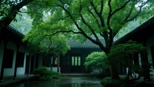 雨天古风庭院