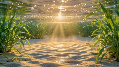 暖阳浅溪青草地