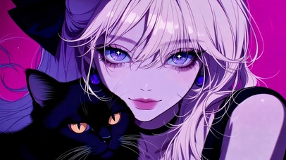 粉紫蓝瞳少女与黑猫