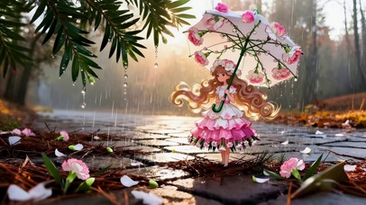 雨天鲜花裙女孩