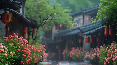 古风雨天花草树木带鱼屏