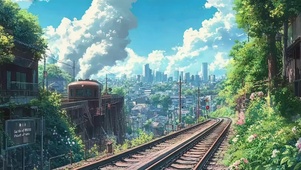 蓝天白云城市铁路风景