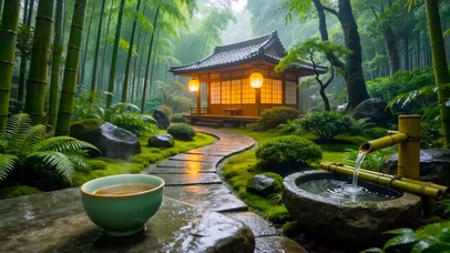 幽静竹林木屋