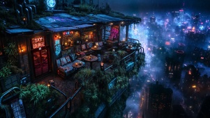 雨夜城市天台小屋