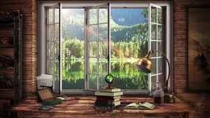 窗外森林湖泊景观