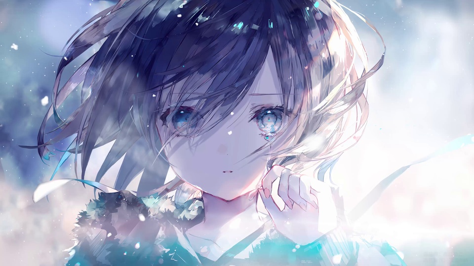 薄雪场景里的蓝眼短发二次元少女，抬手轻触下颌，神态忧伤。