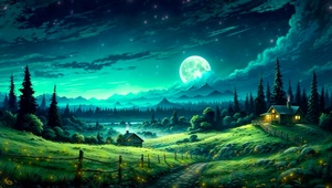 夜空圆月山地小屋