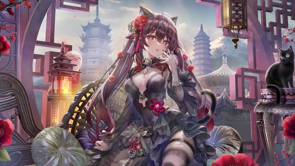 古风窗格下的长发猫耳少女，身旁有黑猫，背景是古塔与山景