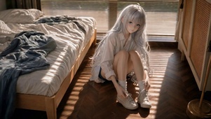 卧室银发二次元美少女