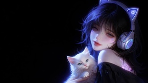 赛博猫耳少女与可爱白猫