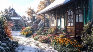 冬天静谧鲜花木屋